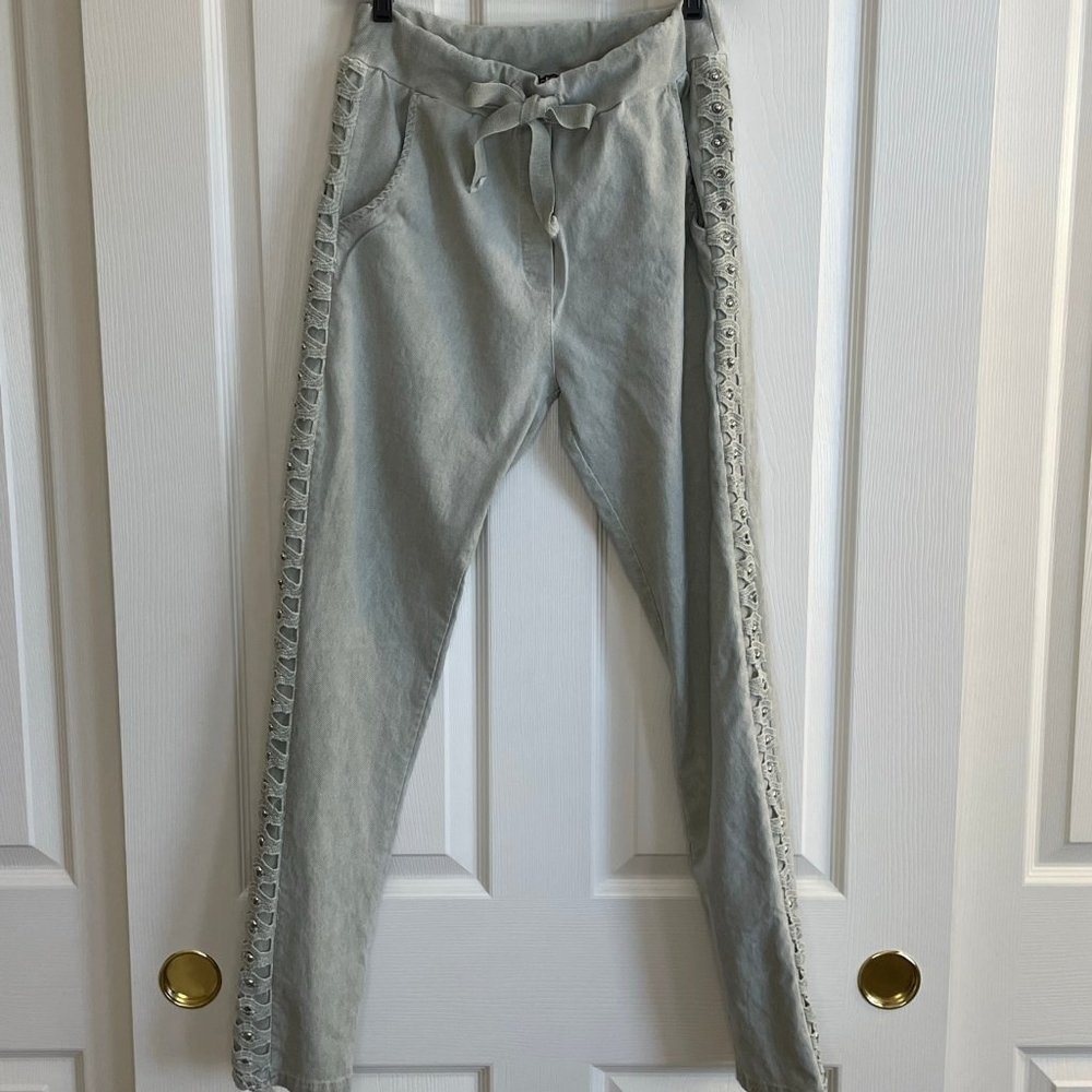 Ladies OS Studded Sage Green Stretchy Slacks